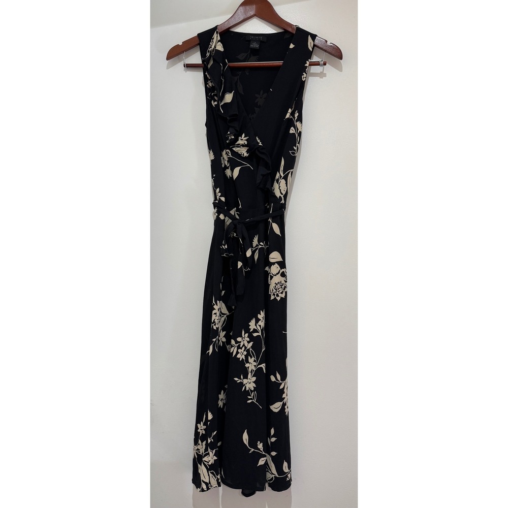 100% Silk Dress Black Cream Floral Ruffle Midi Faux Wrap 4 Whimsigoth Fairycore